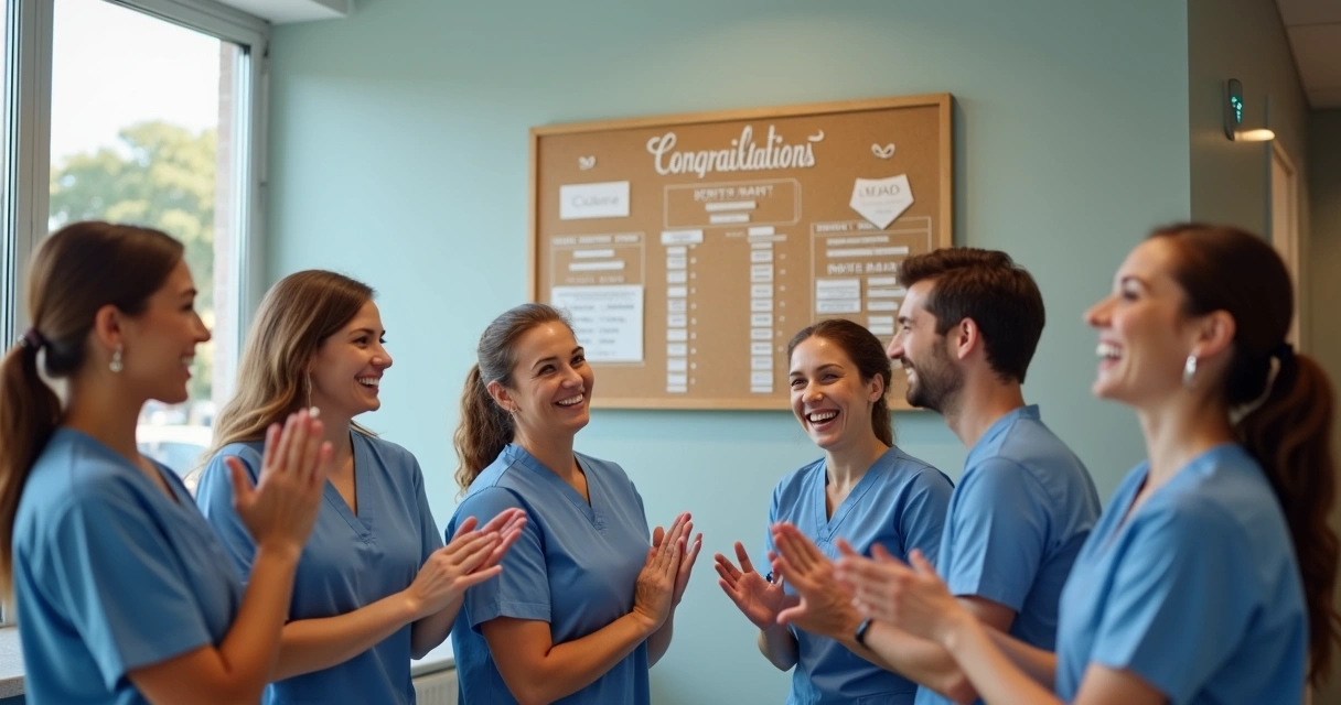 Equipe comemorando indicação de paciente na clínica odontológica