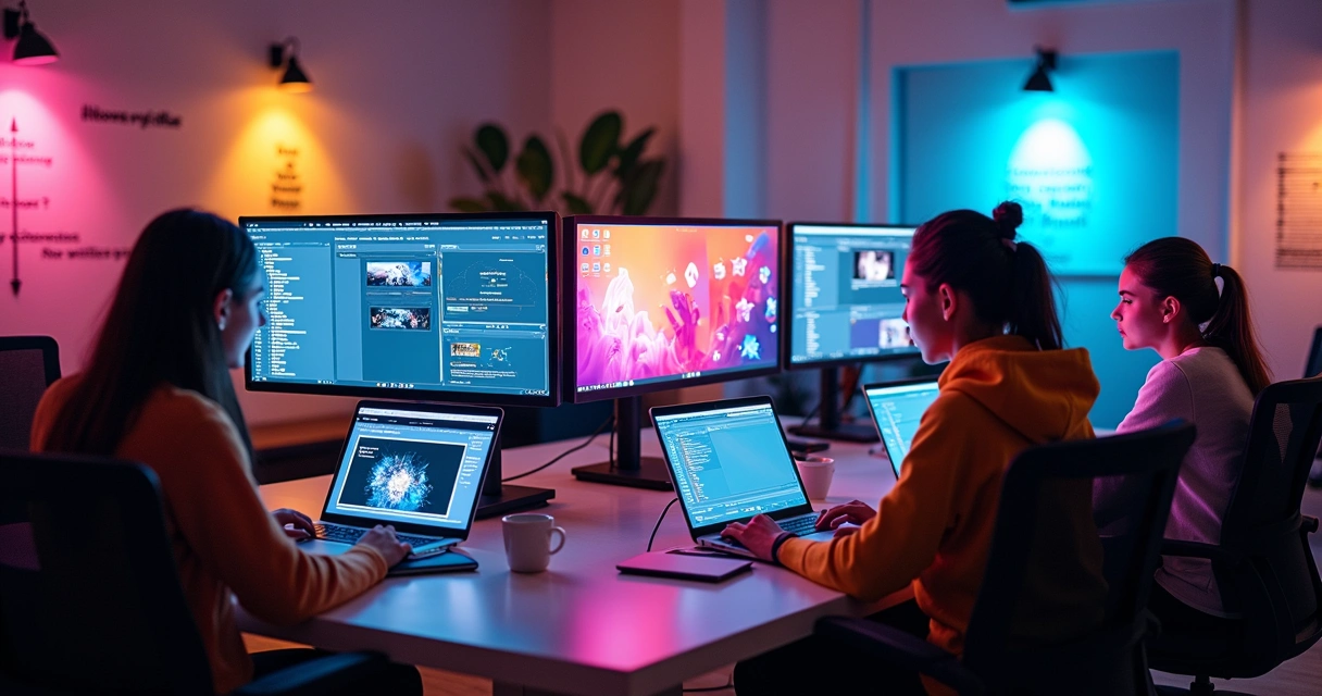 # Tech <PE> 4 Equipe criando campanha de marketing digital em computadores