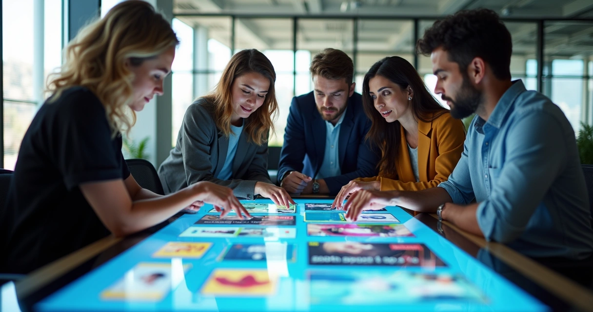 Equipe de marketing discutindo uma campanha digital com imagens de IA 
