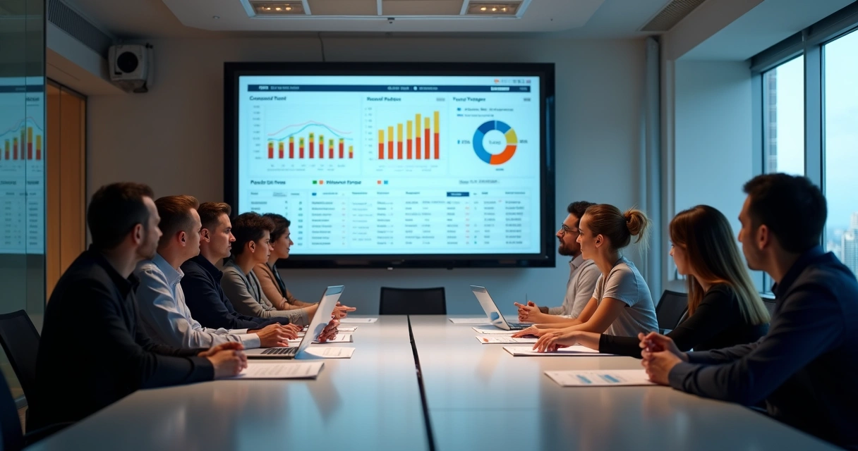 Equipe em sala de reunião colorida, apresentando slide sobre campanha integrada de mídia e marketing, todos discutindo dados em papel 