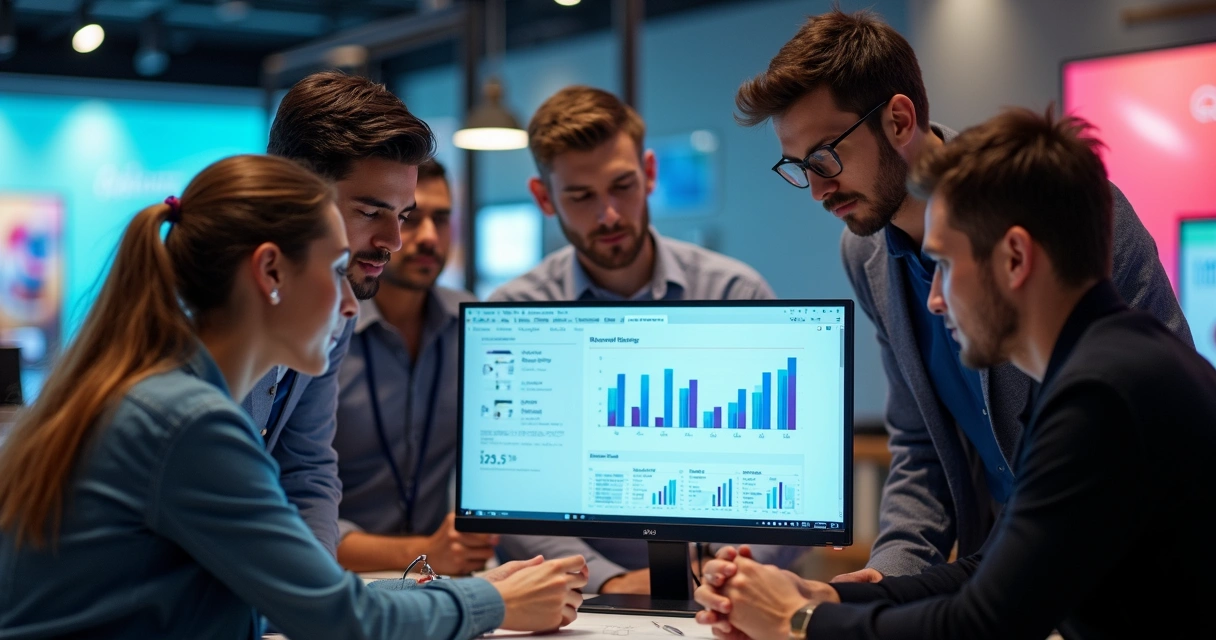 Equipe de loja de celular analisando gráficos de marketing no computador 