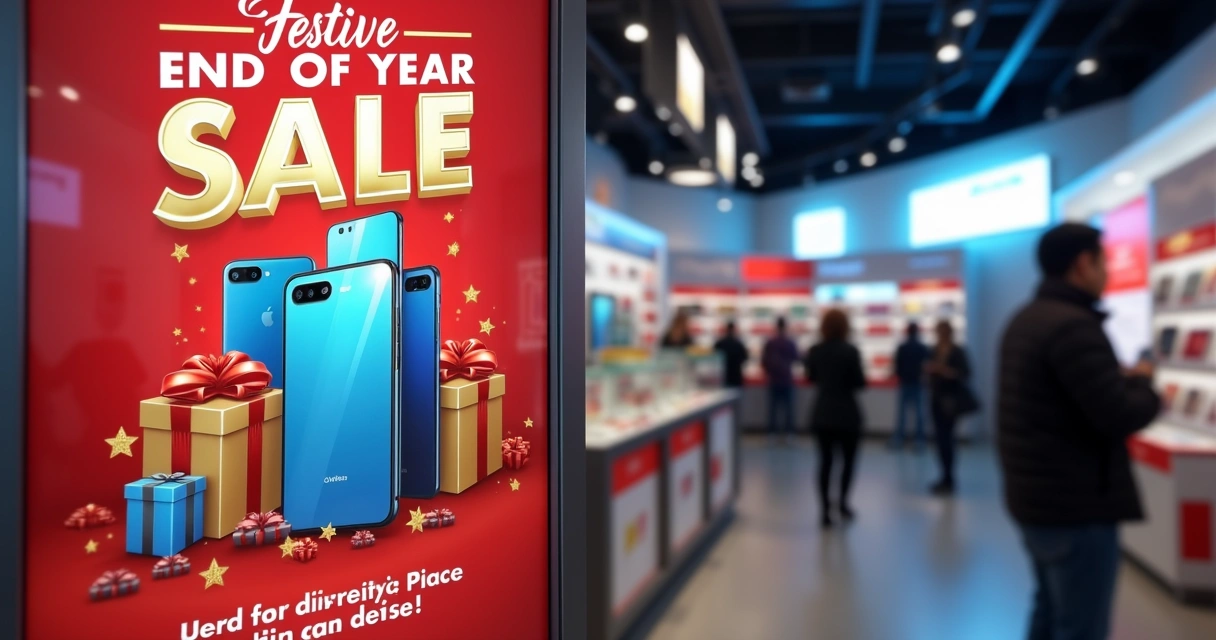 Cartaz de campanha de marketing para loja de celular com ofertas e brindes 