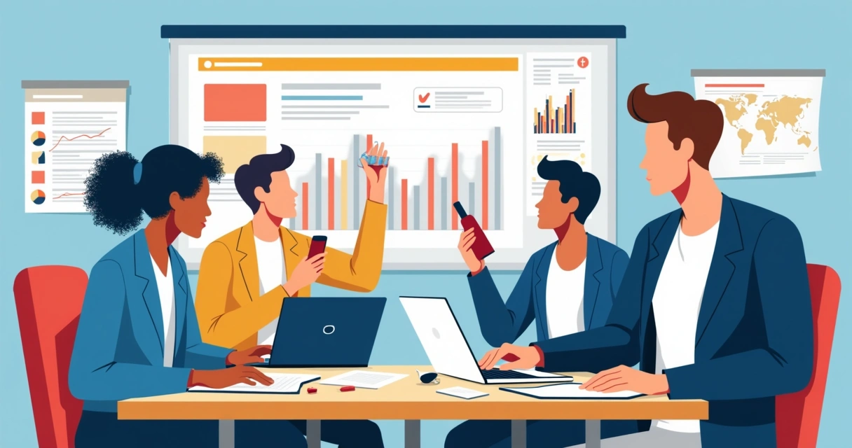 Equipe criando conteúdo digital estratégico para campanha política em mesas com laptops e smartphones 