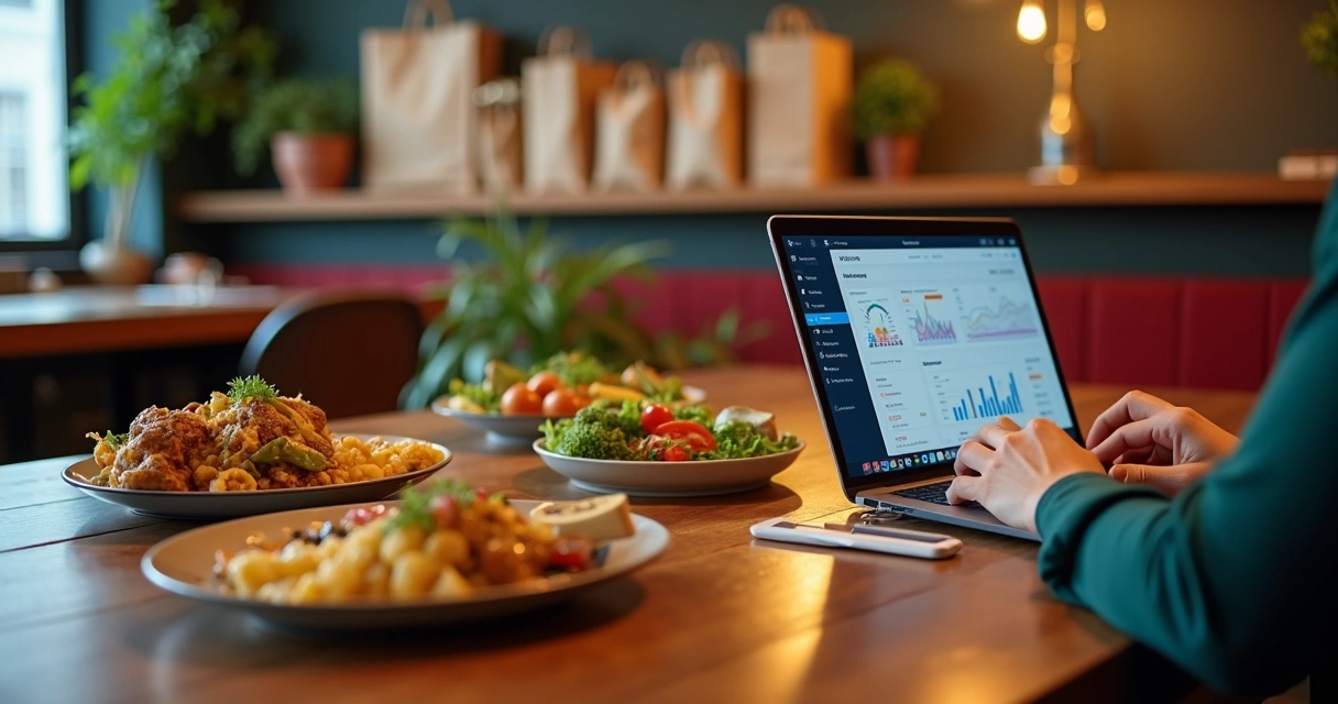 Mesa de restaurante com pratos variados e cardápio digital em tablet, com pessoa preparando campanha de marketing no laptop ao fundo