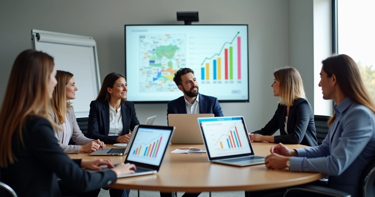 Equipe de marketing em reunião, analisando gráficos de matrículas em notebooks 
