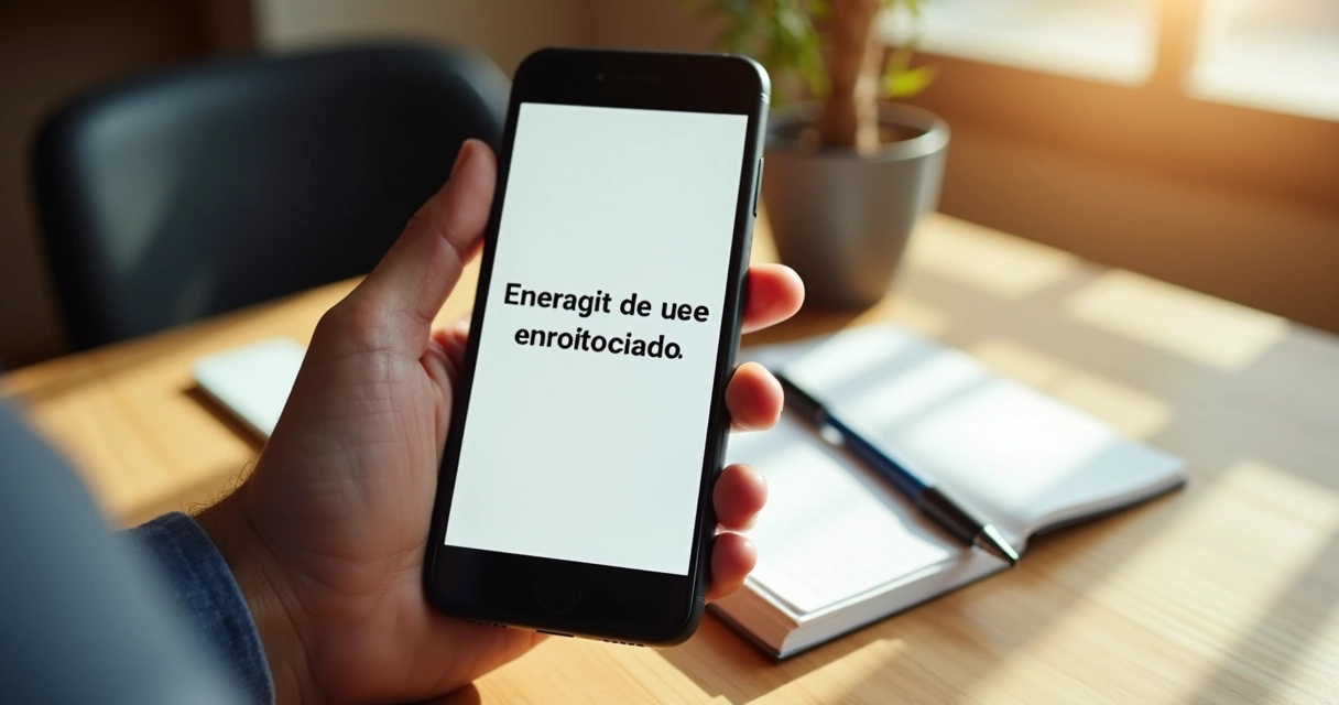 Mão segurando celular com mensagem direta de promoção, fundo de mesa com caderno de anotações 