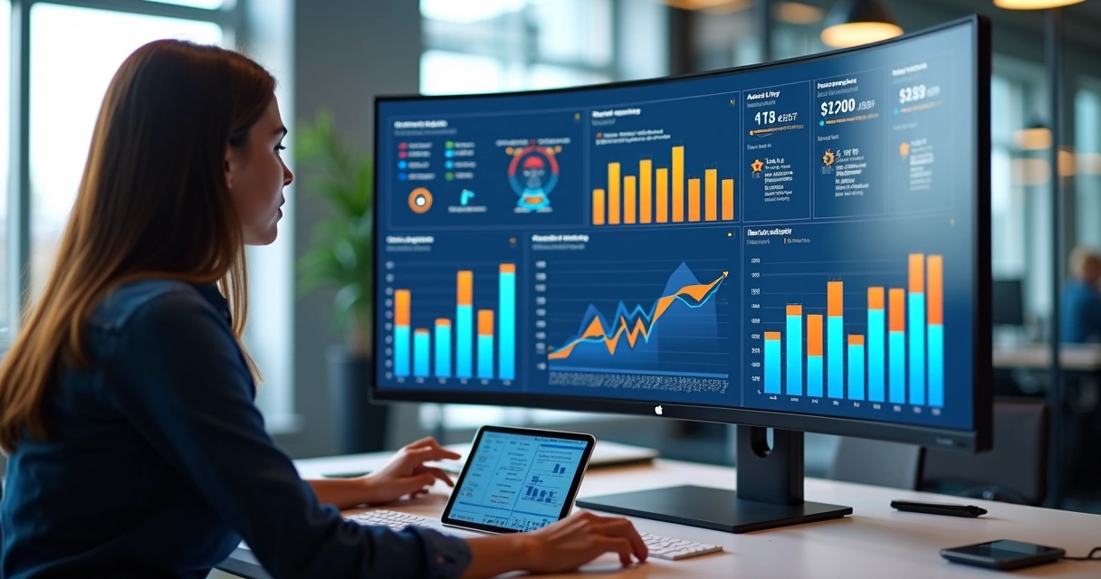 Profissional analisando dados de campanhas Meta Ads em tela com gráficos e pixel Meta 