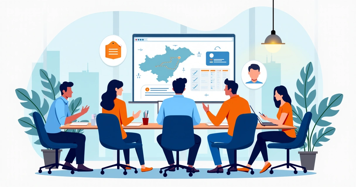 Reunião de equipe de marketing discutindo estratégias com influenciadores locais em sala moderna 