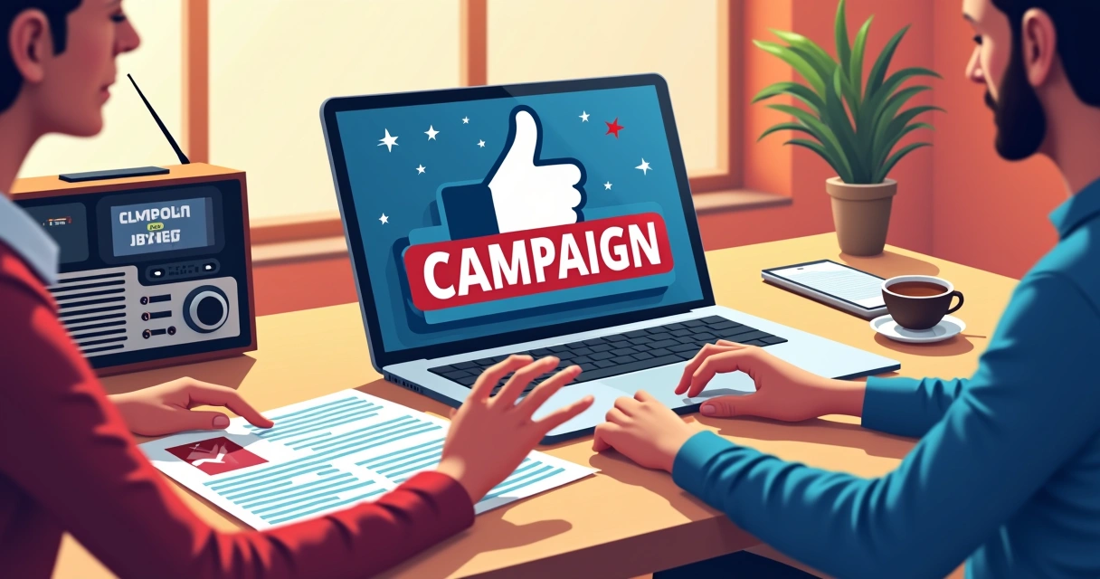 Campanha política mostrando notebook aberto em rede social ao lado de rádio e material impresso 