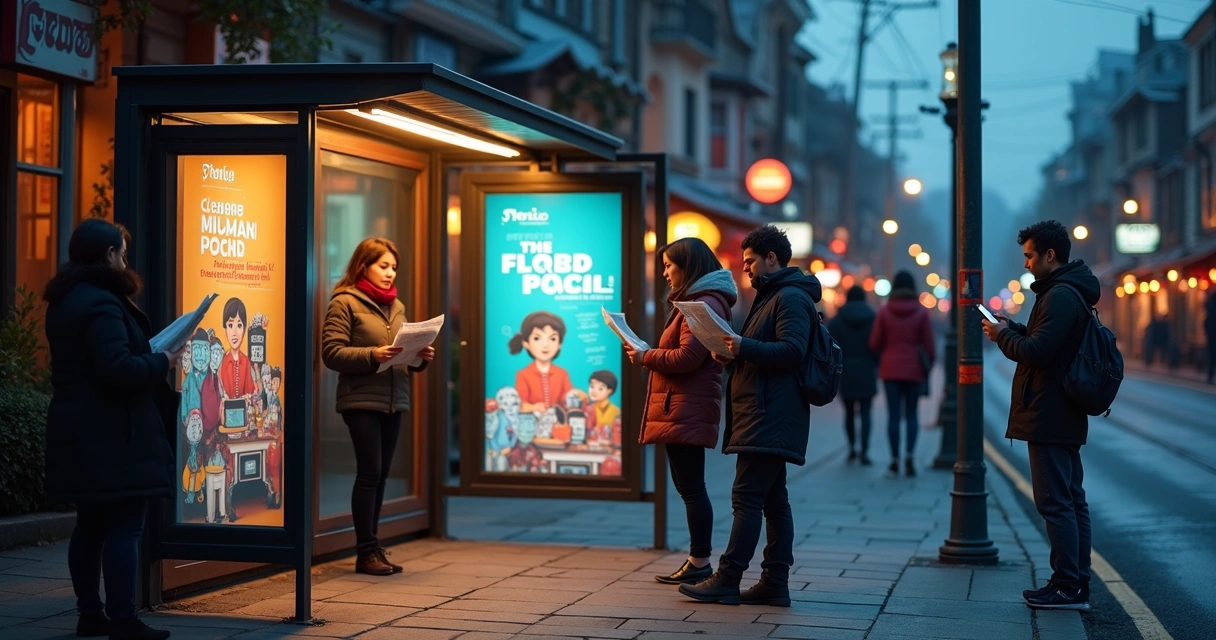Pessoas de diferentes idades lendo jornais e usando o celular em um ponto de ônibus de bairro 