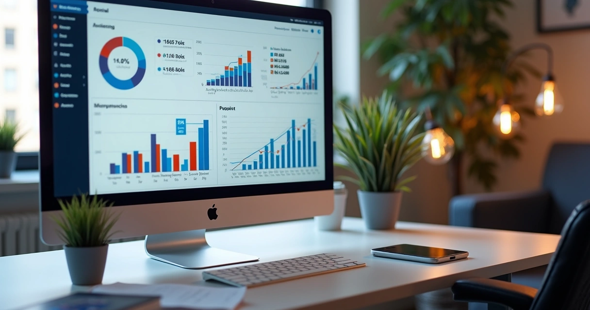 Campanha de mídia paga no computador com gráficos de resultados 