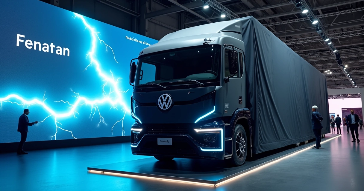 Caminhão Volkswagen em estande escuro com raio iluminando painel de Fenatran 2026 