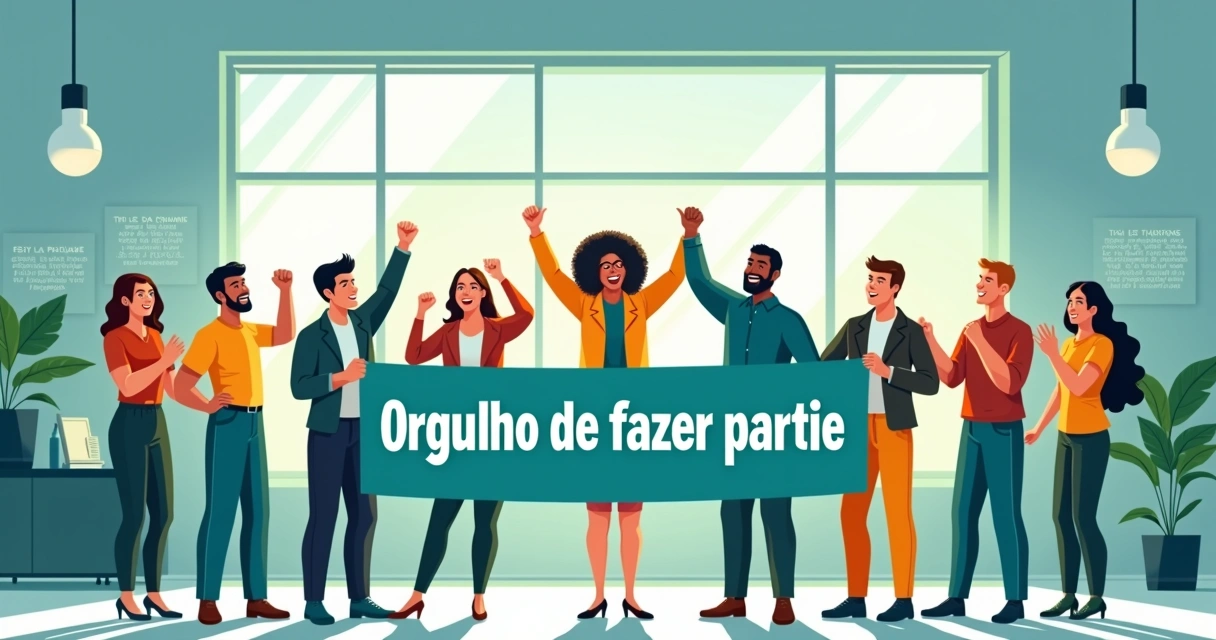 Equipe sindical segurando cartaz escrito orgulho de fazer parte, celebrando em ambiente moderno. 