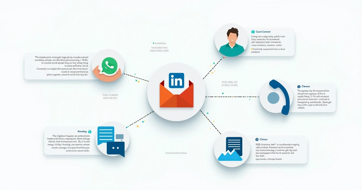 Infográfico de campanha multicanal B2B com ícones de redes sociais, email, chat e telefone conectados 