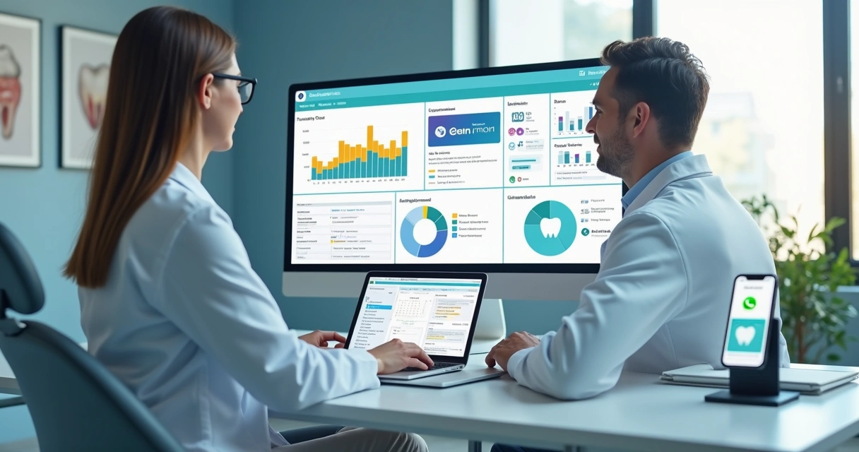 Dentista observando painel com campanhas digitais multicanais para clínica odontológica 