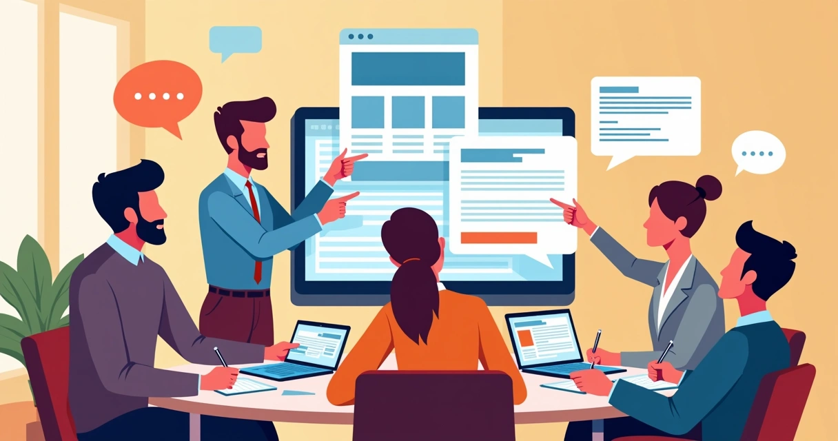 Colaboradores analisando estratégias de copywriting em diferentes mídias 
