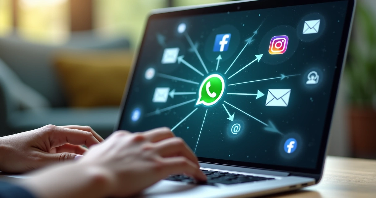 Integração entre WhatsApp, redes sociais e email na tela de um notebook