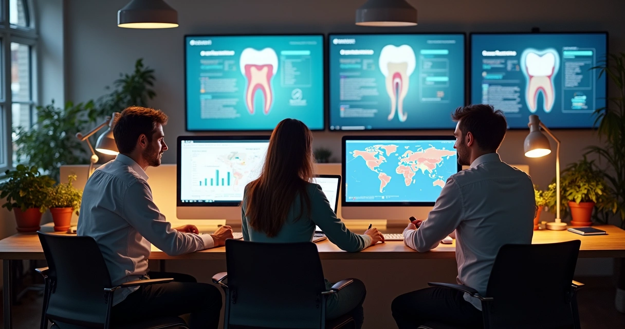 Equipe criando campanhas de marketing digital para dentistas no computador 