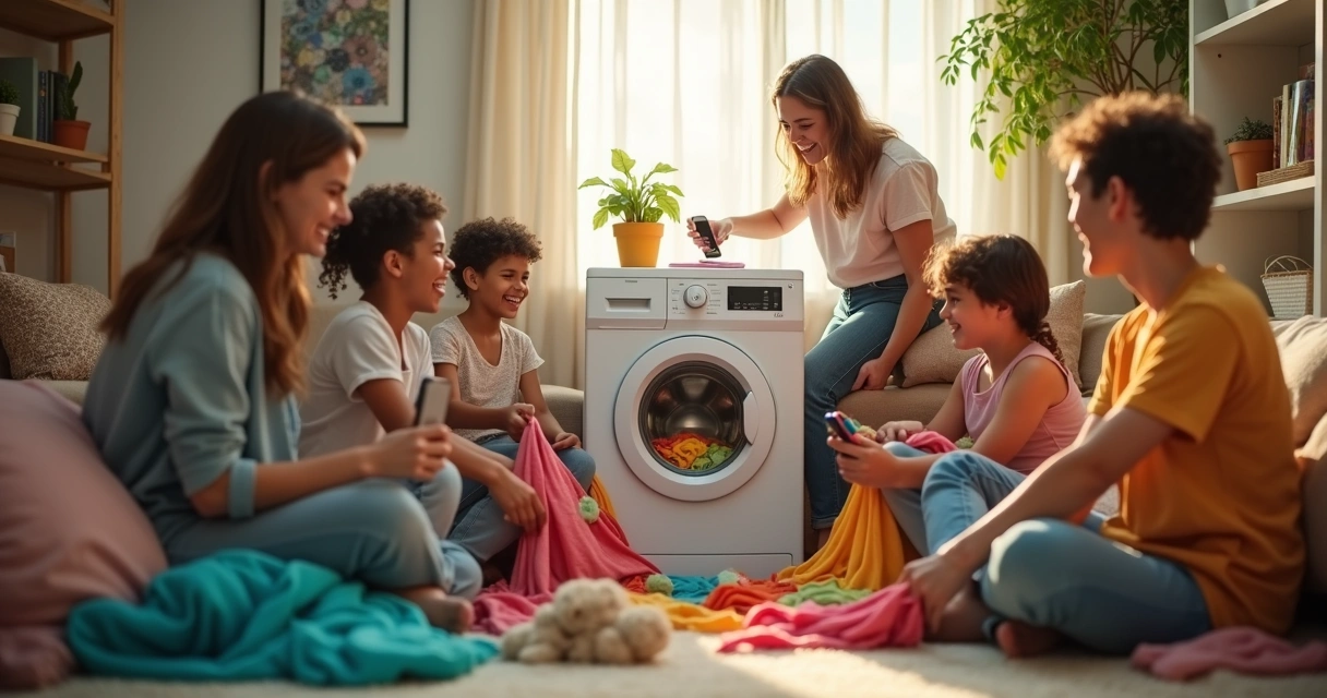 Cenas dinâmicas de uma família e jovens brincando enquanto lavam roupa com OMO, humor leve e cotidiano visível na expressão das pessoas 