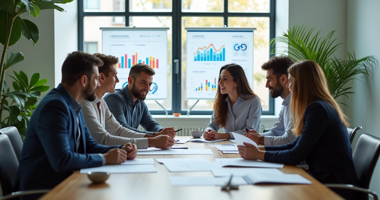 Equipe trabalhando em campanha de marketing digital com dashboards e gráficos