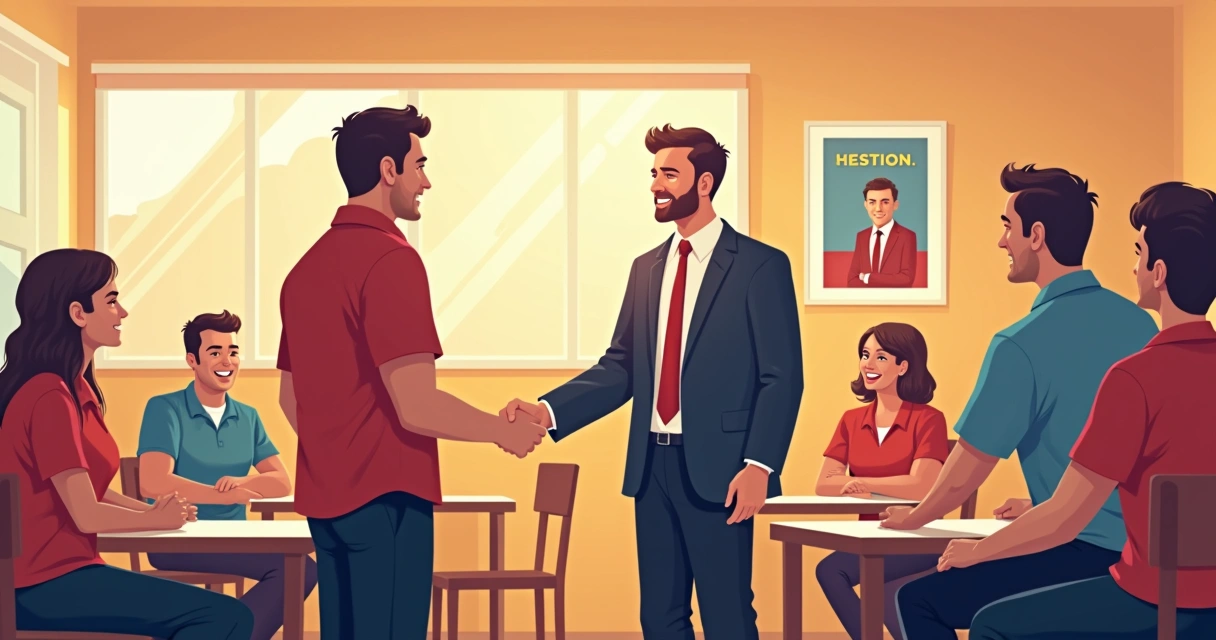 Candidato sindical cumprimentando trabalhadores engajados 