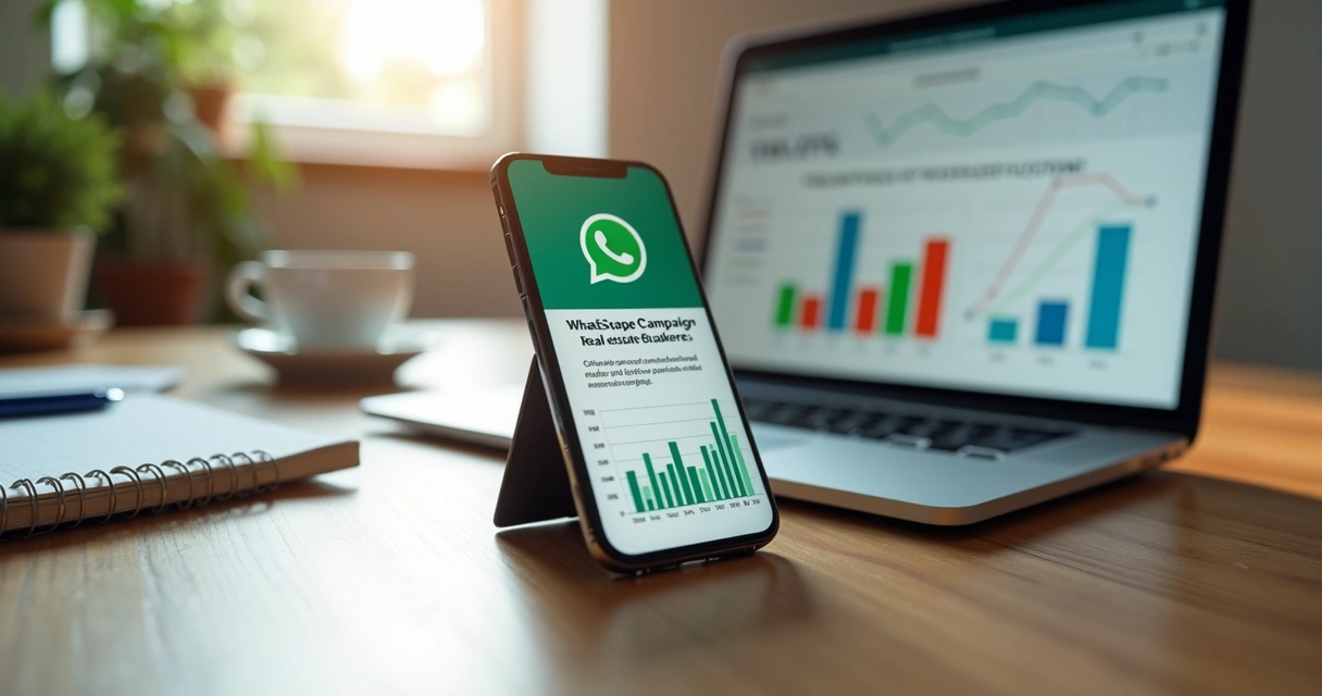 Mesa de trabalho com smartphone mostrando conversas personalizadas no WhatsApp e laptop com gráficos de vendas imobiliárias 