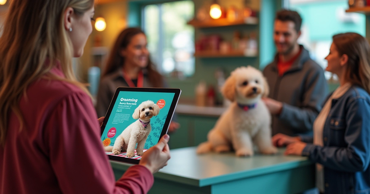 Profissional de marketing mostrando campanha digital para petshop em tablet 