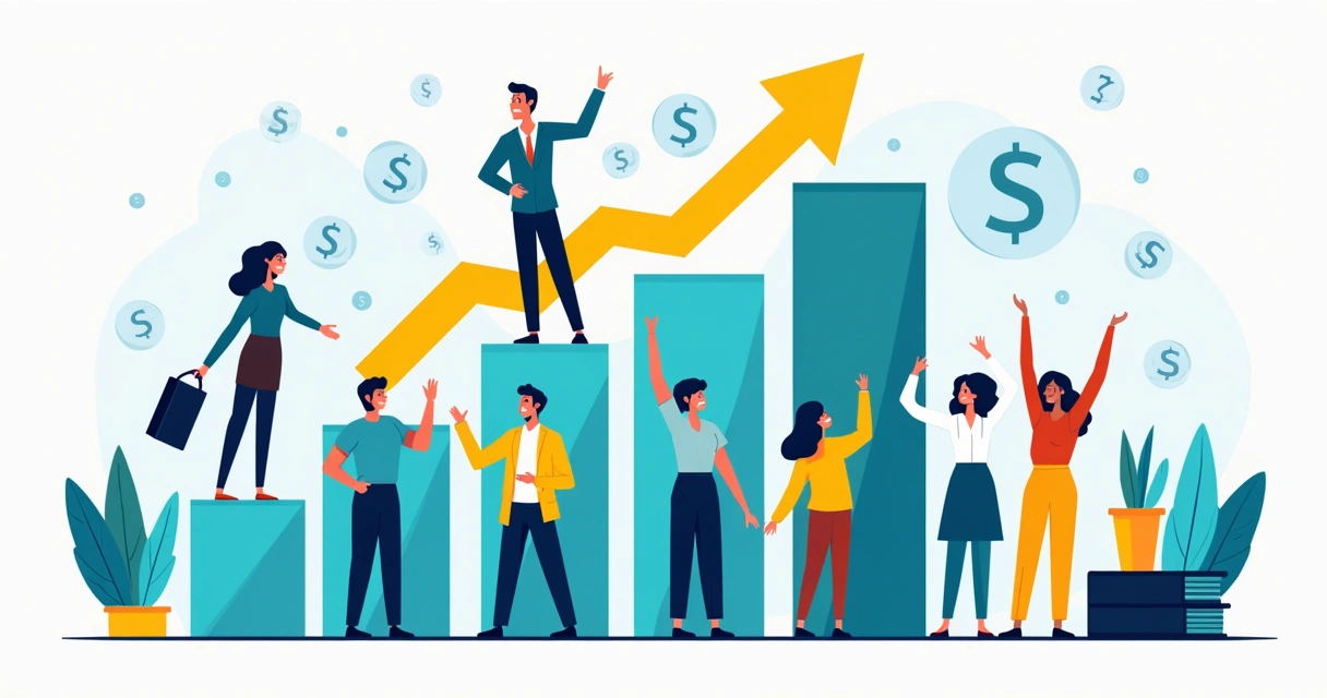 Banner digital de campanha salarial com gráficos de aumento e mãos erguidas 
