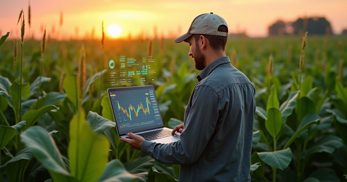 Agricultor observando plantação e gráficos em notebook