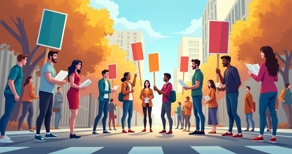 Equipe de campanha organizando banners e materiais em rua 