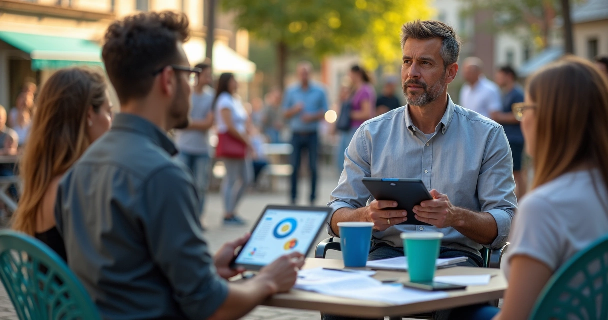 Candidato conversando com eleitores em evento de campanha ao ar livre 