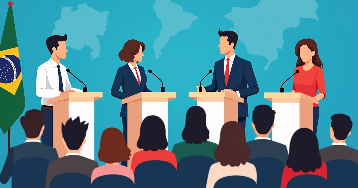 Candidatos debatendo em cenário político brasileiro 