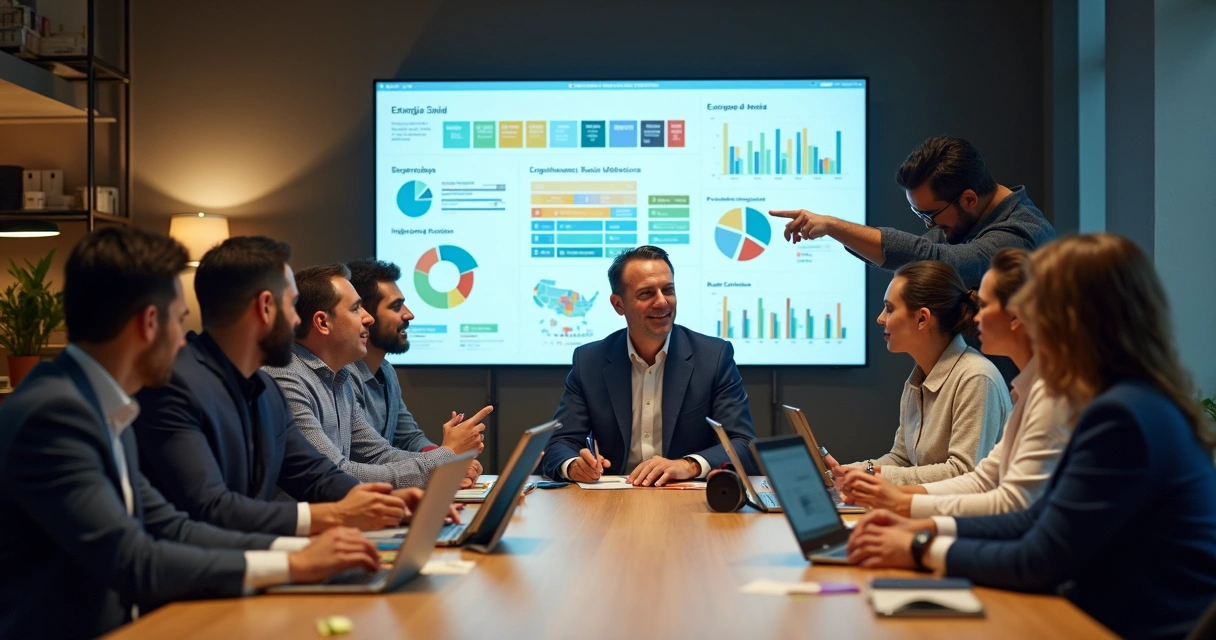 Político e equipe analisando campanha política digital em vários dispositivos 