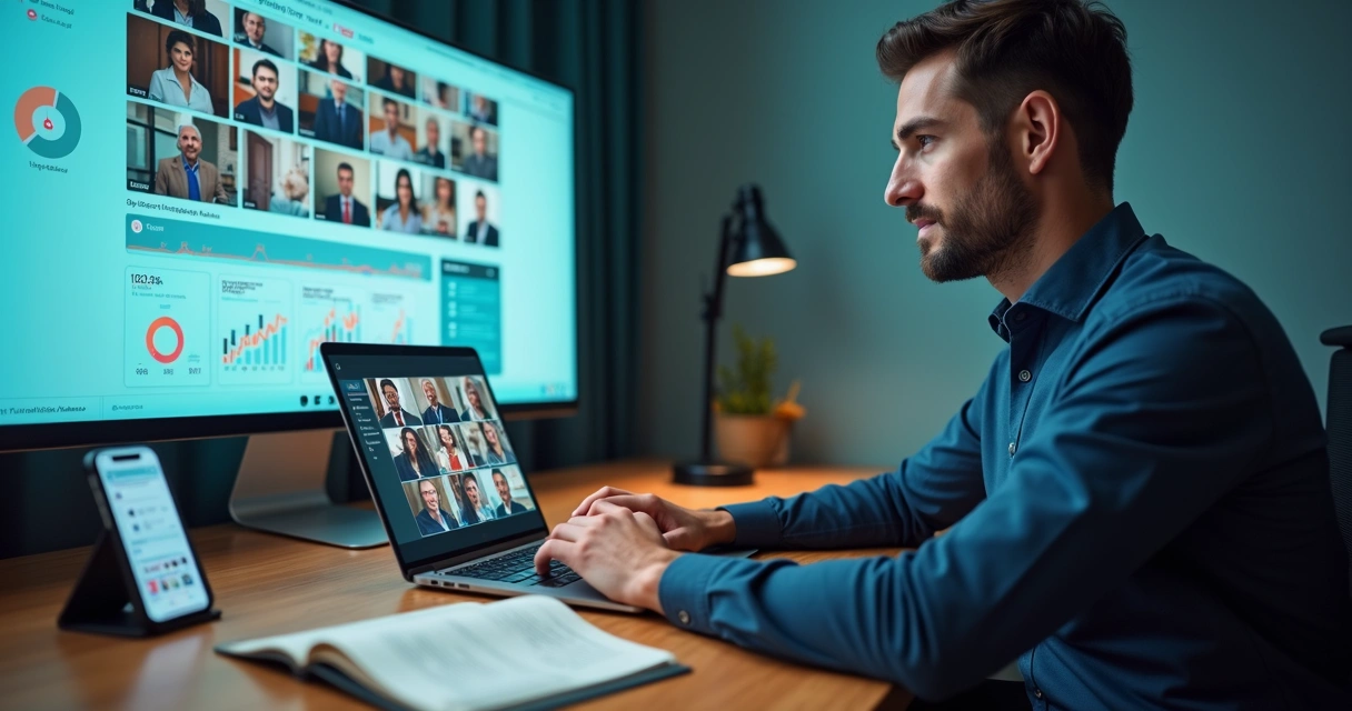 Candidato em videoconferência falando com eleitores em campanha política online 