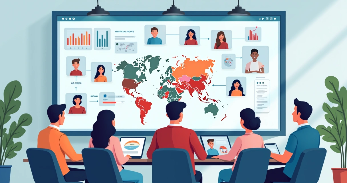 Equipe de campanha política analisando dados em telas digitais com gráficos e grupos de pessoas conectados em smartphones 