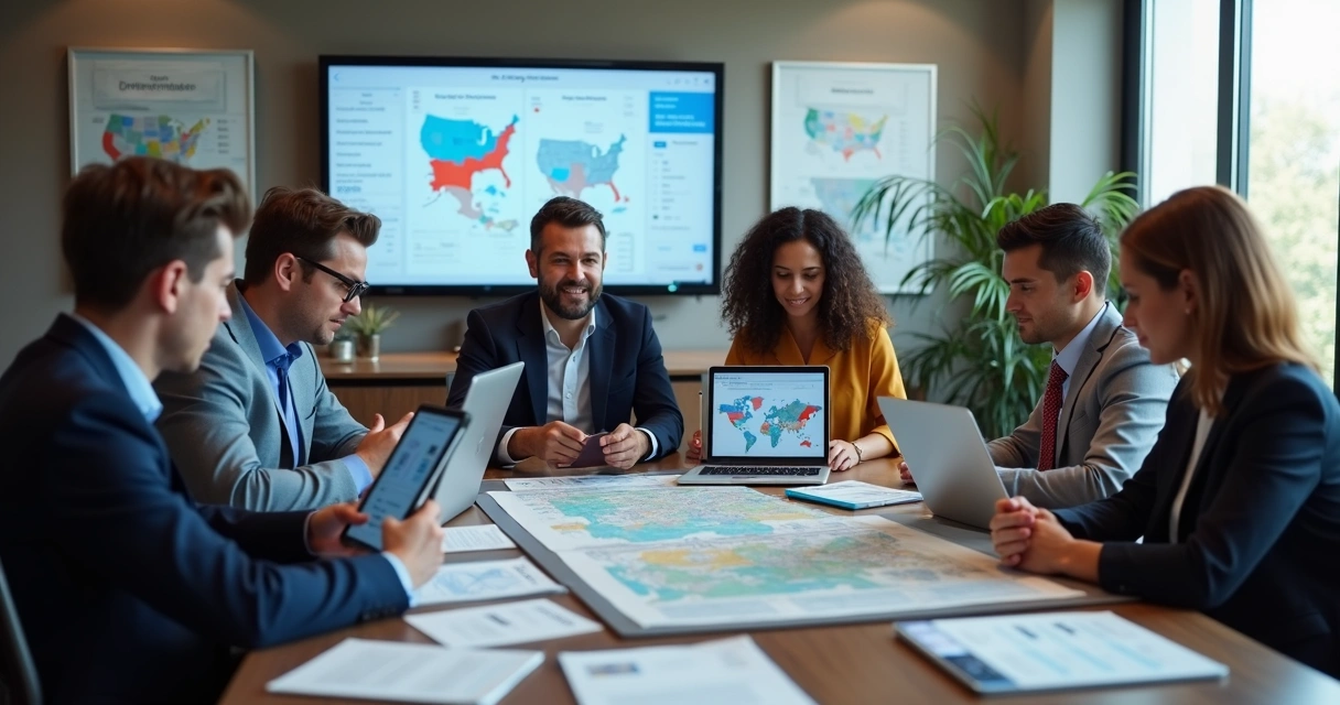 Equipe reunida em sala organizando campanha eleitoral com mapas e computadores 