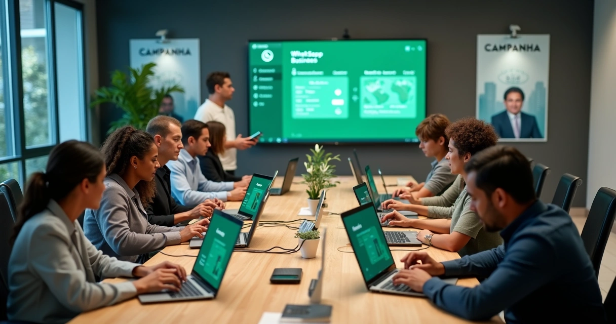 Equipe de campanha política usando WhatsApp em notebooks e celulares para falar com eleitores 