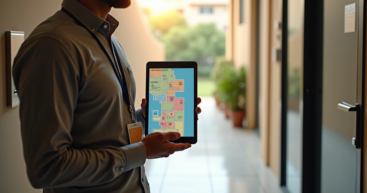 Coordenador de campanha em porta de prédio usando tablet para planejar visitas porta a porta 