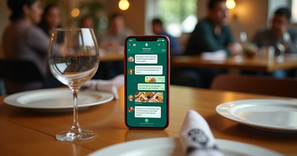 Celular mostrando conversa de WhatsApp com promoção de restaurante