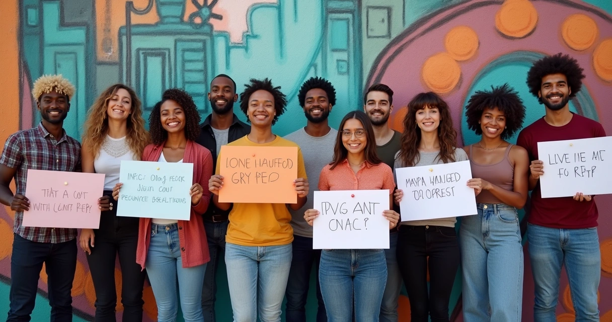 Campanha de prevenção ao HIV com grupo diverso segurando cartazes sobre PEP e PrEP