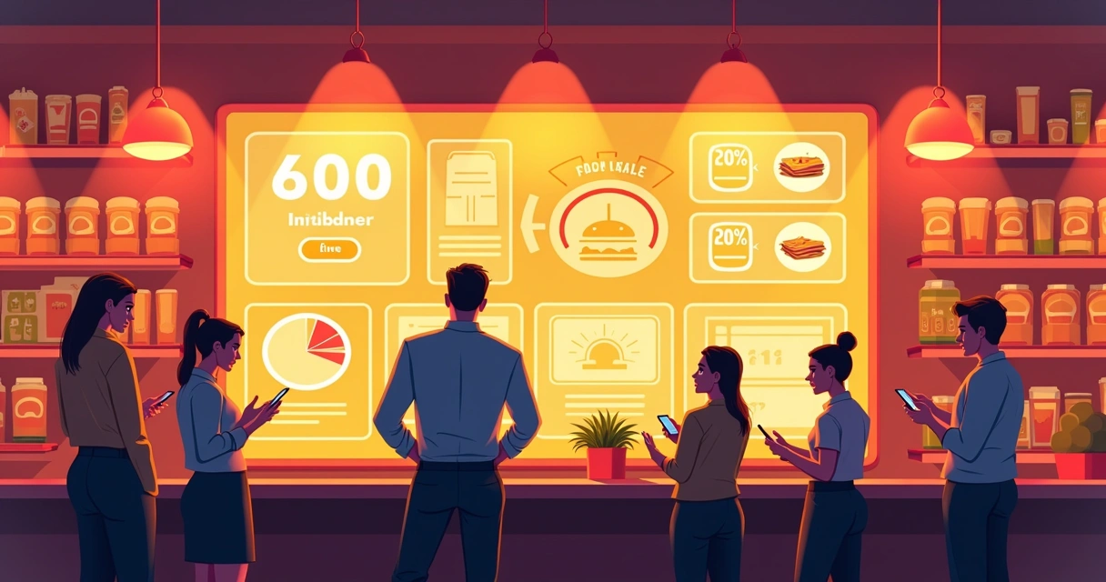 Ilustração de um painel digital mostrando uma promoção relâmpago em restaurante