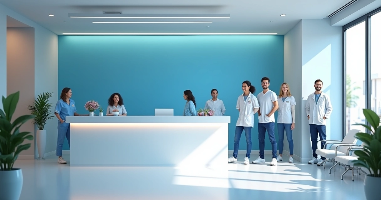 Banner promocional em clínica odontológica com equipe ao fundo 