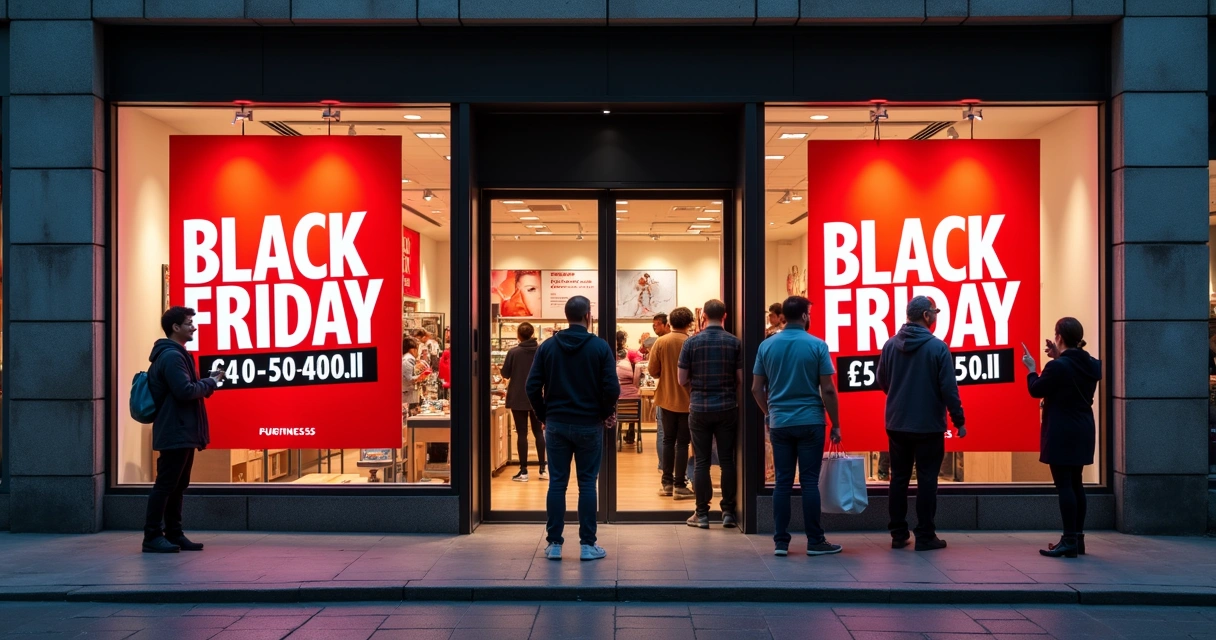 Loja com vitrine promovendo Black Friday, pessoas olhando produtos 