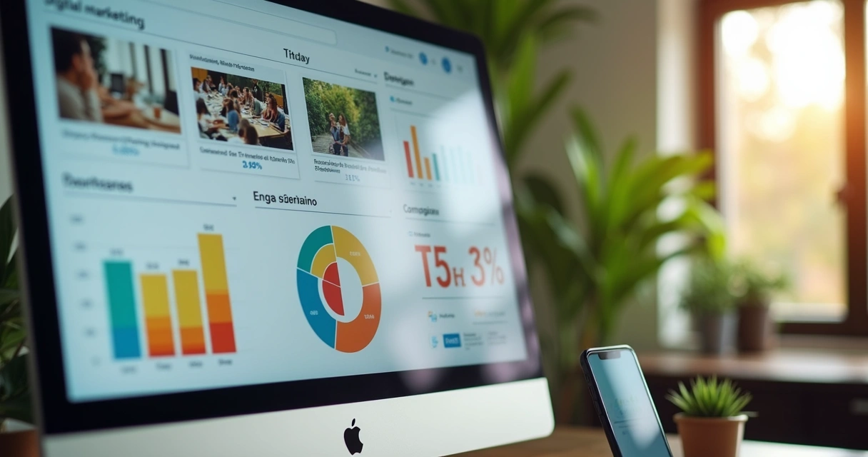 Campanha publicitária digital exibida em tela de computador com gráficos de desempenho 