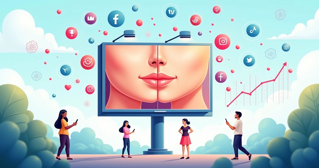 Ilustração de uma campanha publicitária de clínica estética com anúncios atraentes e também uma análise de resultados.