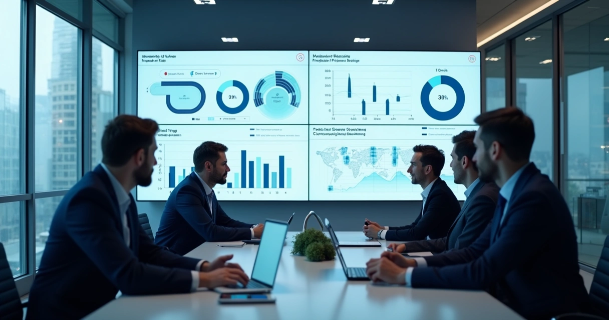 Reunião de estratégia digital com gráficos de dados financeiros na tela 