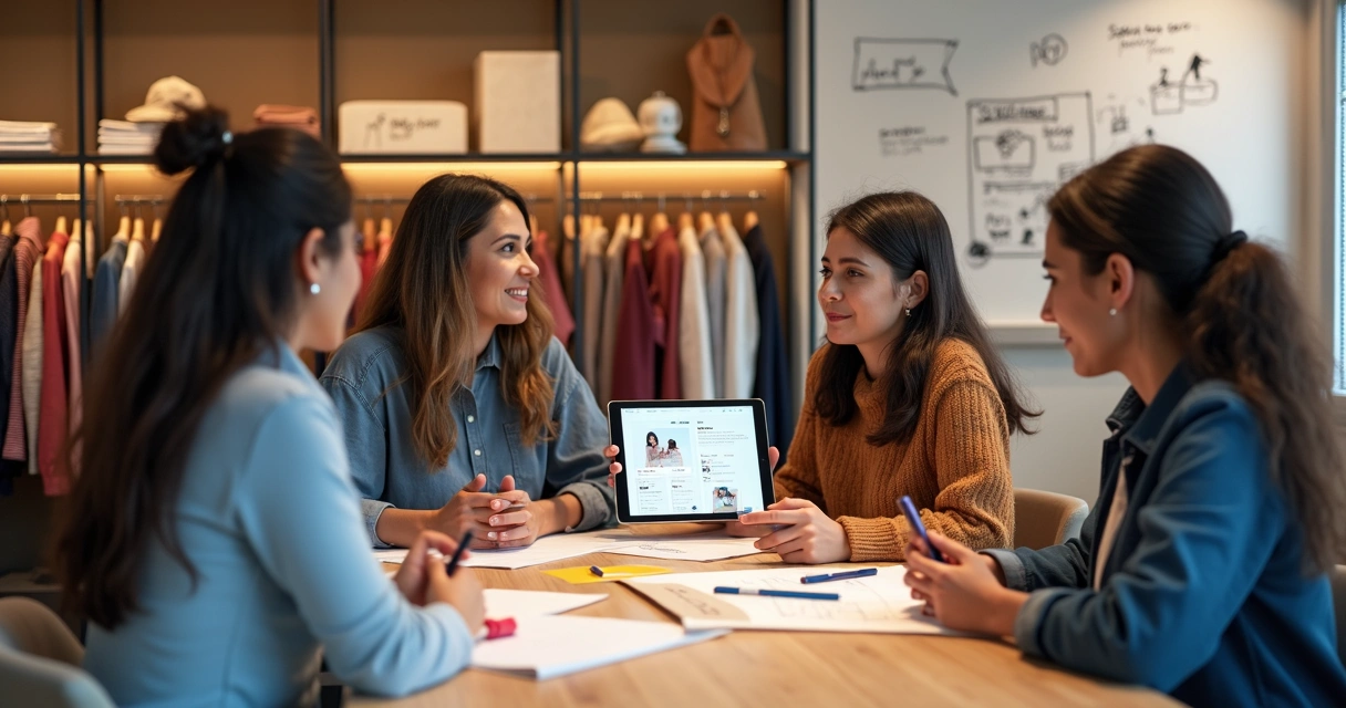 Equipe de loja de roupas preparando campanha para redes sociais em ambiente de trabalho moderno. 