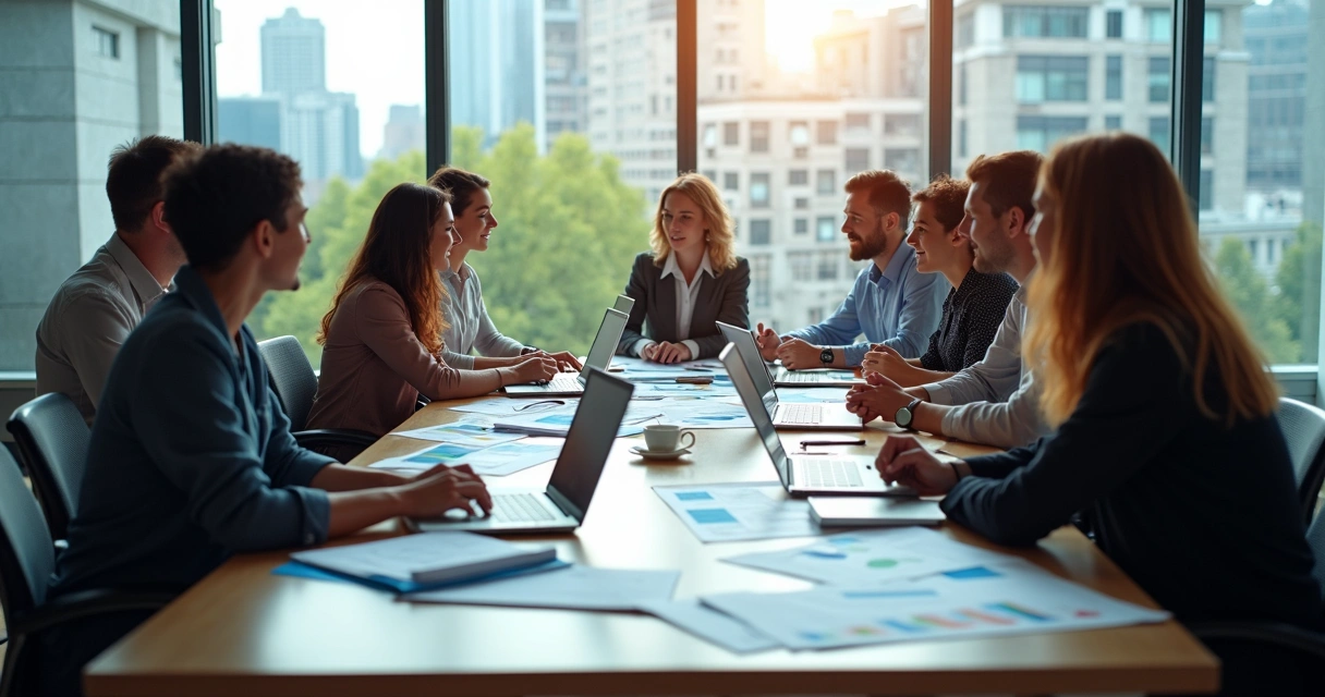 Pessoas reunidas discutindo estratégia de comunicação em escritório 