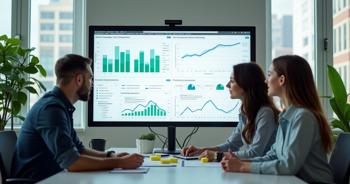 Equipe de marketing avaliando campanha em computador 