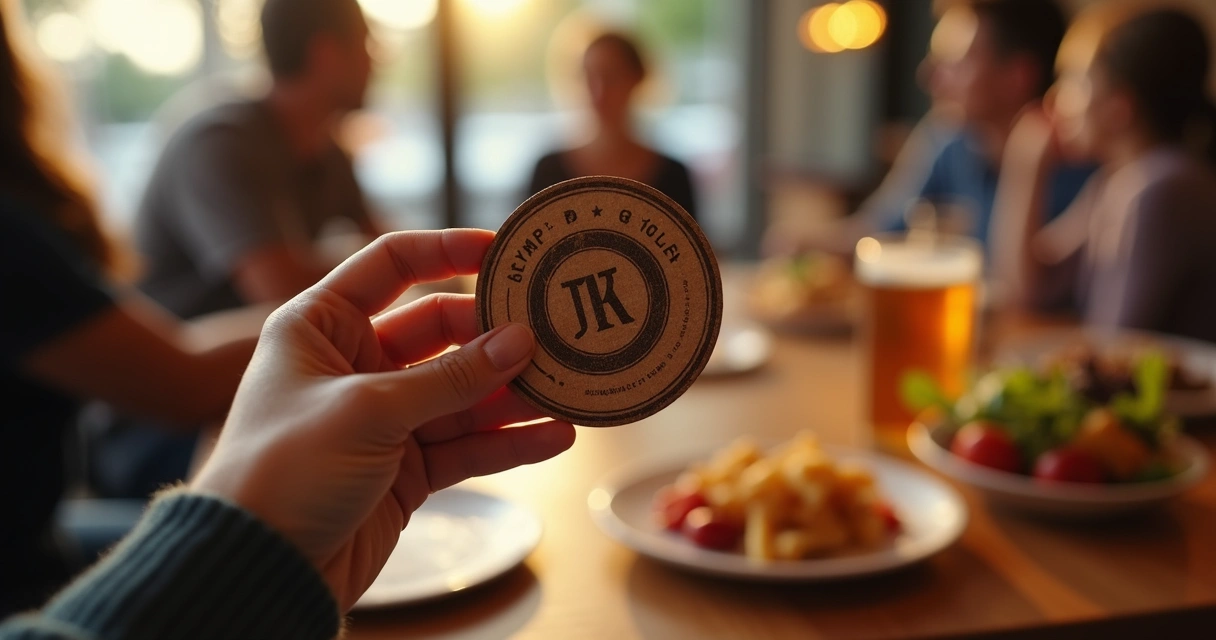 Pessoa interagindo com porta-copos personalizado em mesa de bar, bebida ao lado 